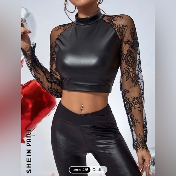 SHEIN  Privé Contrast Lace PU Crop Top - Picture 4 of 8